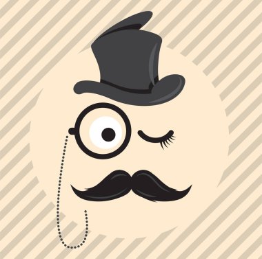 Retro, vintage gentleman in a hat cylinder with  mustache and  monocle icon isolated on light coloured background. Vector art clipart