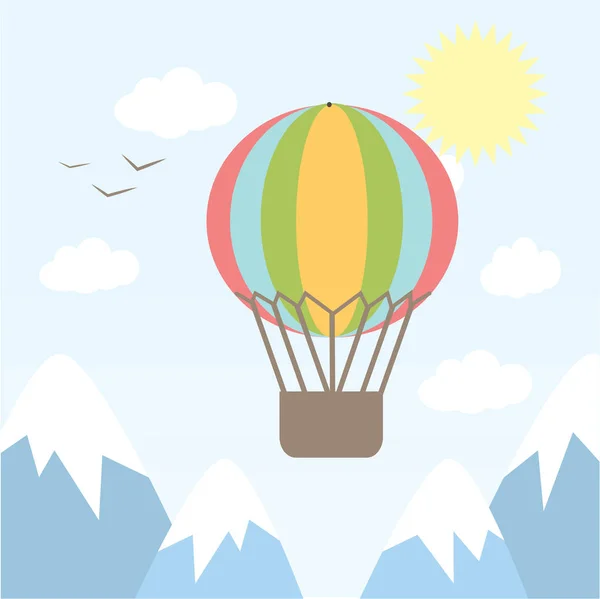 Vector illustration hot air balloon flying in the sky between the mountains. background, card — Stock Vector