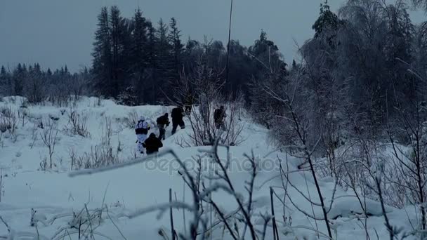 军事武器在冬天的树林 — 图库视频影像