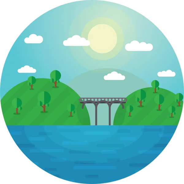 Round vector illustration landscape bridge between two hills and the lake shores — Stock Vector