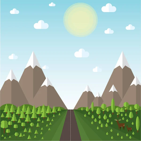 Vektorové ilustrace horské krajiny vedle silnice, hory jsou pokryté lesy, jasná obloha mraky a slunce — Stockový vektor