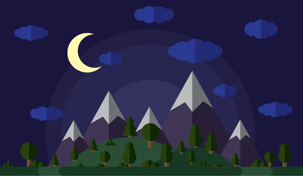 Vector εικονογράφηση του ψηλά βουνά και λόφους που καλύπτονται στο καταπράσινο δάσος, φεγγαρόλουστη νύχτα, ένα σαφές έναστρο ουρανό με σύννεφα — Διανυσματικό Αρχείο