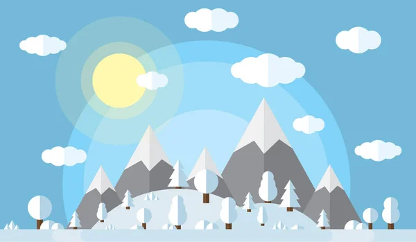 벡터 일러스트 레이 션의 높은 산 그리고 언덕, 숲 눈, 맑은 겨울 날, 솜 털 구름으로 맑은 하늘에 태양에 덮여 — 스톡 벡터