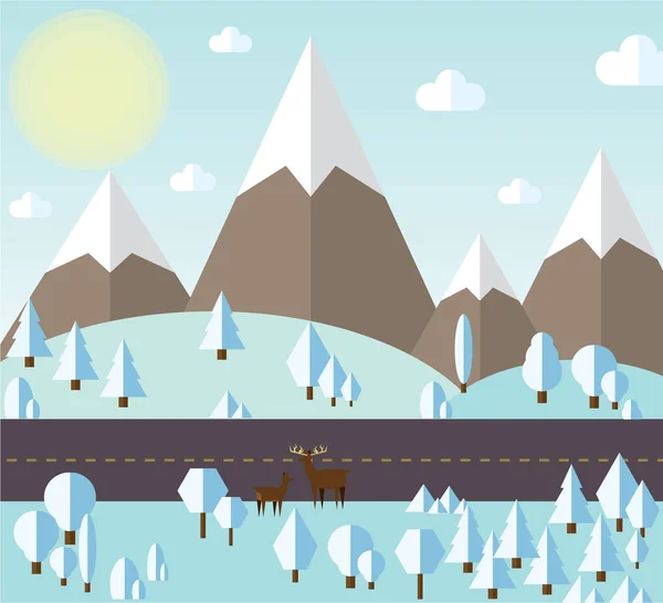 Vector ilustración de bosque de invierno y montañas por el camino, todo está cubierto de nieve blanca, cielo claro y soleado — Vector de stock