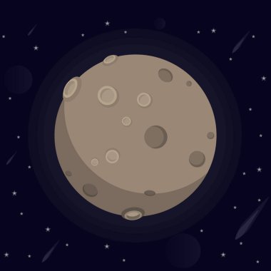 Büyük parlayan ay kamet koyu arka plan üzerinde uzayda kraterler ve vadiler, yıldız, göktaşları, vektör çizim