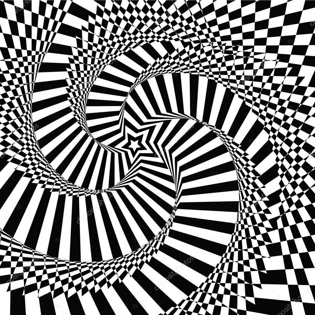 vector illustration motley visual and optical illusion star-shaped black  white, twisted spiral