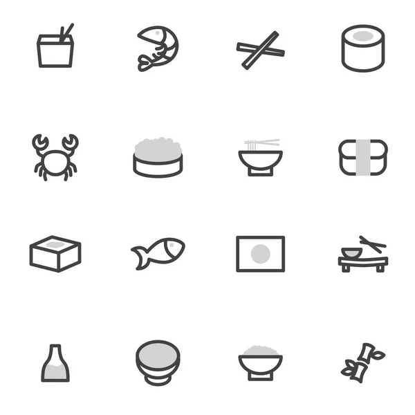Conjunto de elementos de iconos vectoriales Cocina japonesa, sushi, rollos, mariscos y comida asiática sobre un fondo claro — Vector de stock