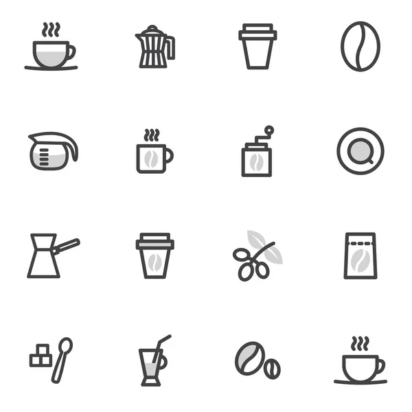 Set vector pictogrammen koffie, maker en accessoires op een lichte achtergrond — Stockvector