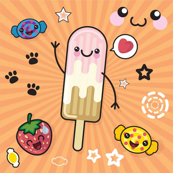 Illustration vectorielle crème glacée style kawaii popsicles, bonbons, bonbons sur un fond rose clair — Image vectorielle