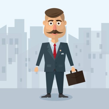 vektör çizim tarzı businesman bir düz gri takım katı iş bir kentsel çevre portföyündeki bıyıklı