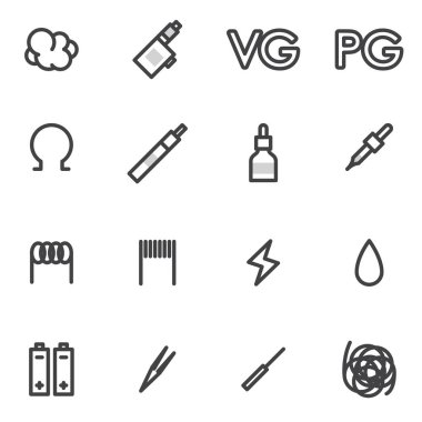 vector icons smoking electronic cigarette liquid smoke, tobacco, mudshtuk, batteries, wipe on a light background clipart
