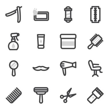 Güzellik Salonu ya da tıraş sakal ve bıyık için styling saç kesimi, aksesuarlar konulu vektör simgeleri ayarla