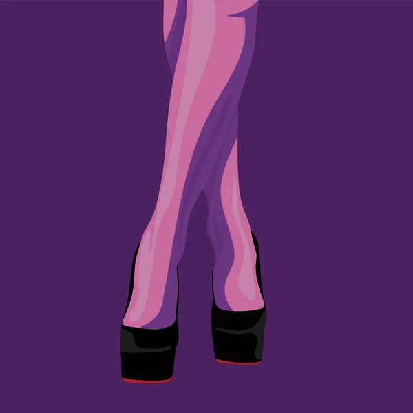 Ilustración de moda de piernas delgadas femeninas en zapatos negros con tacones con suelas rojas sobre un fondo púrpura. vector — Vector de stock