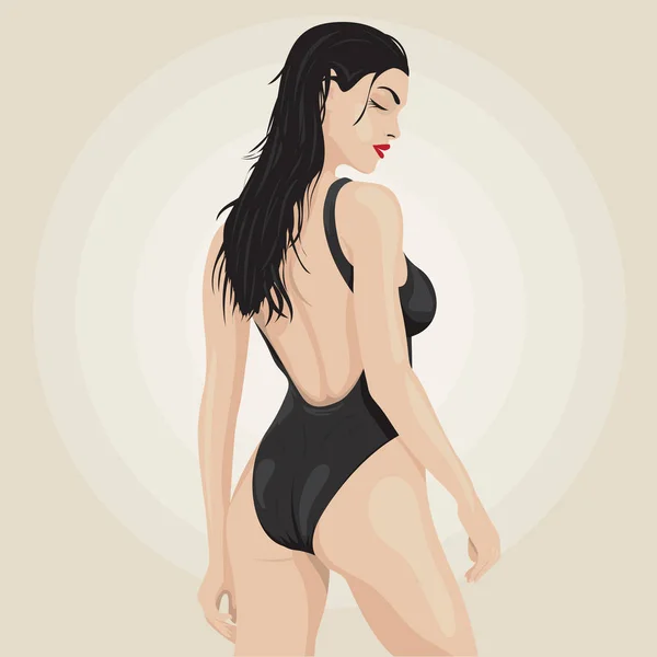 Ilustración de moda de una hermosa chica morena sexy en trajes de baño negros de una pieza sobre un fondo claro. vector — Vector de stock