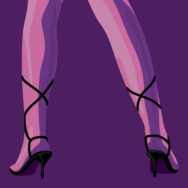 Ilustración de moda de piernas delgadas femeninas en zapatos negros con tacones con suelas rojas sobre un fondo púrpura. vector — Archivo Imágenes Vectoriales