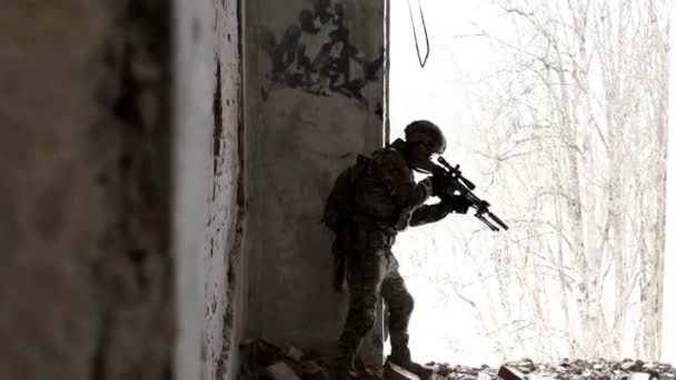 両手を冬に建物を守る軍人 — ストック動画