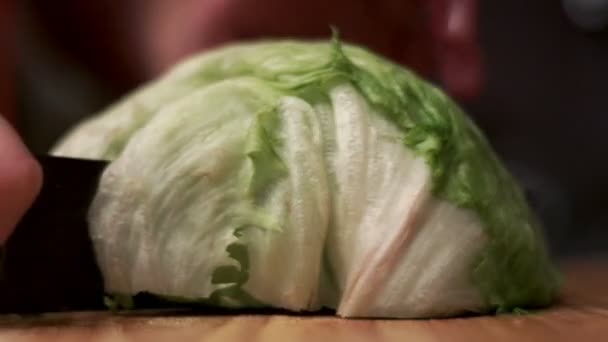 As mãos femininas cortam uma salada verde com faca na tábua de madeira . — Vídeo de Stock