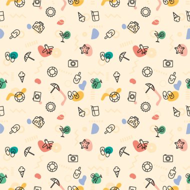 Yaz desen baskı güneş, şemsiye, terlik, dondurma, kokteyl, kamera