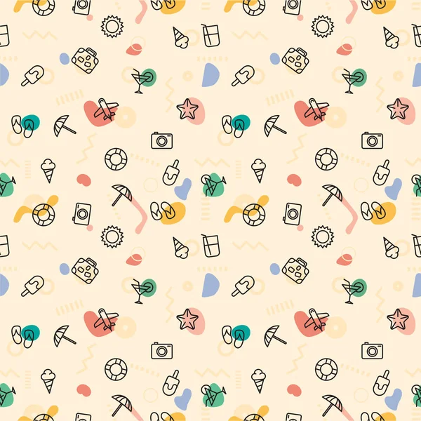 Yaz desen baskı güneş, şemsiye, terlik, dondurma, kokteyl, kamera