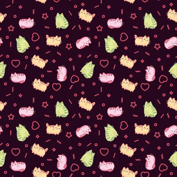 Dier patroon schattig kawaii stijl kat, katje, kitty op donkere achtergrond afdrukken — Stockvector