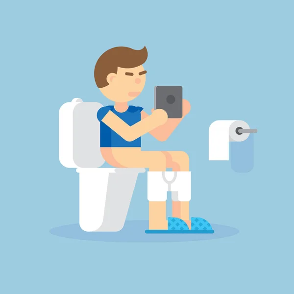 Bir elektronik tablet vektör çizim ile tuvalet üzerinde oturan adam — Stok Vektör