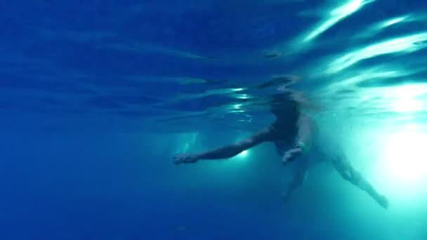 Beautiful young woman swimming in swimming pool underwater view — Stock Video