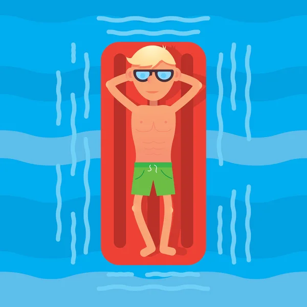 Hombre nadando en el mar en el colchón de aire rojo vista superior. Ilustración vectorial — Vector de stock