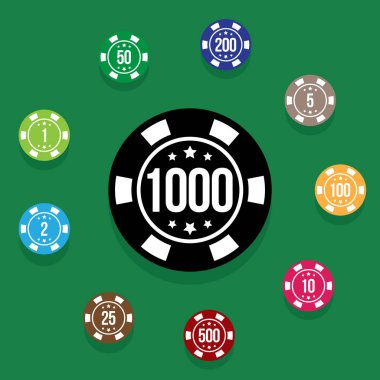Set poker fişleri poker tablo yeşil renk üzerinde. Vektör çizim