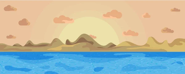 Landschaft schönes Meer auf einem Hintergrund Berge und Sonne. Sonnenuntergang im Meer — Stockvektor