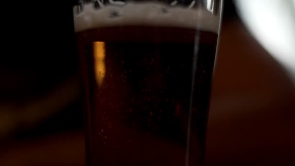 Beer glass standing on table in bar pub. Glass with foamy beer and air bubbles — Stock Video