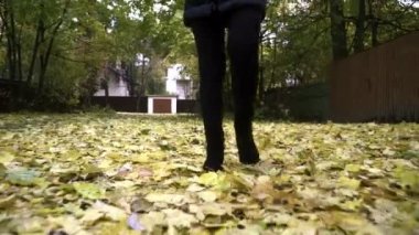 Sonbahar günü düşen yapraklar üzerinde yürüme Womanlegs siyah bot