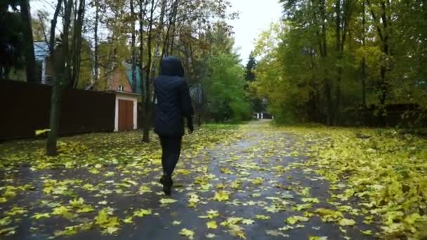 Rückseite junge Frau in schwarzer Jacke mit Kapuze läuft an einem Herbsttag über den Weg — Stockvideo