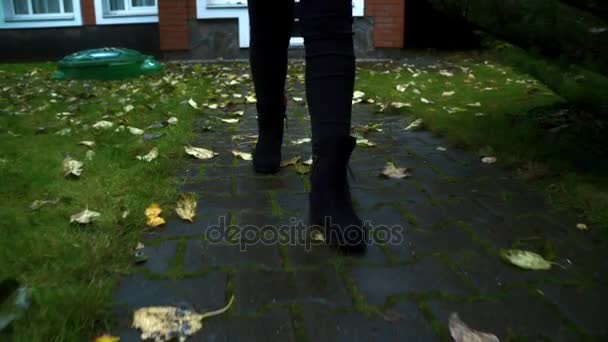 Patas de mujer en botas negras caminando por sendero pavimentado con hojas caídas en el día de otoño — Vídeos de Stock