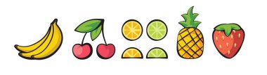 Muz, kiraz, limon, limon, ananas, çilek beyaz arka plan üzerinde izole