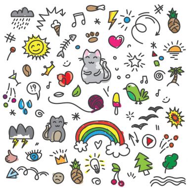 El çizmek renkli kedi, kuşlar, gökkuşağı ve diğer sanat öğeleri doodle desen