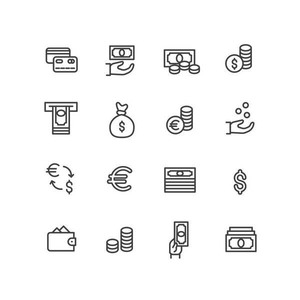 Set vector icons credit bank card, cash in hand and coin in bag, and cash wallet