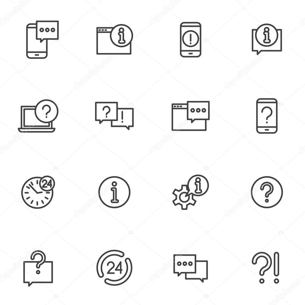 Set help around the clock support, phone help and online assistance vector icons
