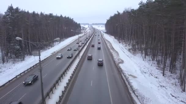 在背景雪林上冬季公路上行驶的无人机视图车 — 图库视频影像