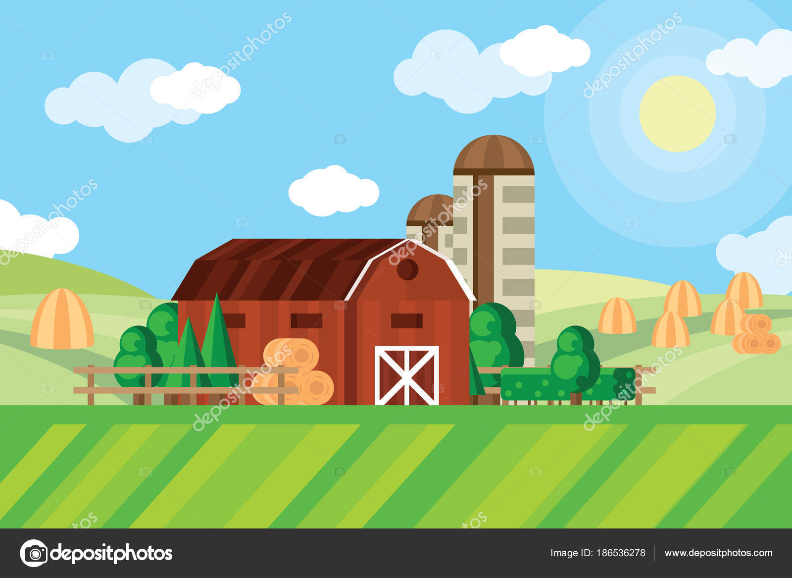 Granero de granja y almacenamiento de granos en el campo agrícola con pajar  paisaje rural Vector de stock #186536278 de ©cobectbhax.gmail.com, image size:1600x1167