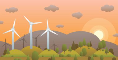 Rüzgar türbinleri ve akşam orman arka plan hill ve gökyüzü günbatımı