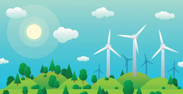 Turbinas eólicas na colina verde e floresta verde de verão no fundo céu azul claro — Vetor de Stock