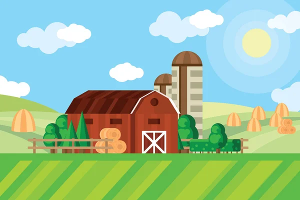 Farm barn and grain storage on agricultural field with haystacks rural landscape — Stock Vector