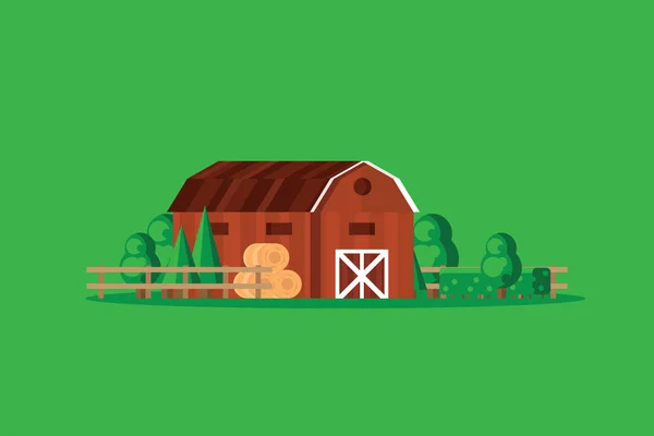 Grange de ferme avec des meules de foin sur fond vert illustration vectorielle — Image vectorielle
