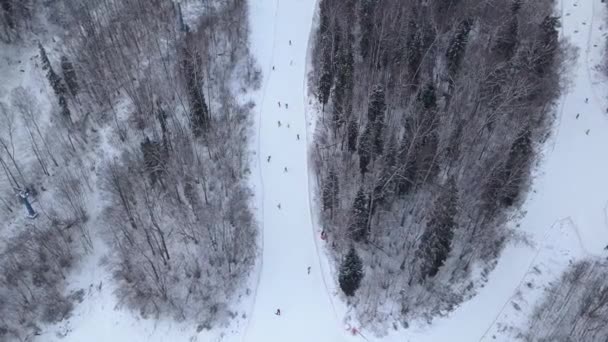 겨울 스키 리조트 무인 항공기 보기에서 눈 슬로프에 스노우보드. 겨울 활동 — 비디오
