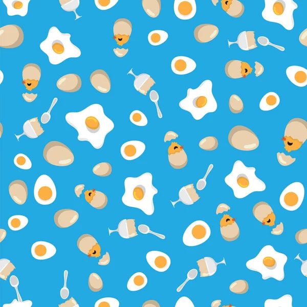 煎蛋, 软煮鸡蛋和鸡孵化在蛋壳模式的背景。无缝型早餐煎蛋 — 图库矢量图片