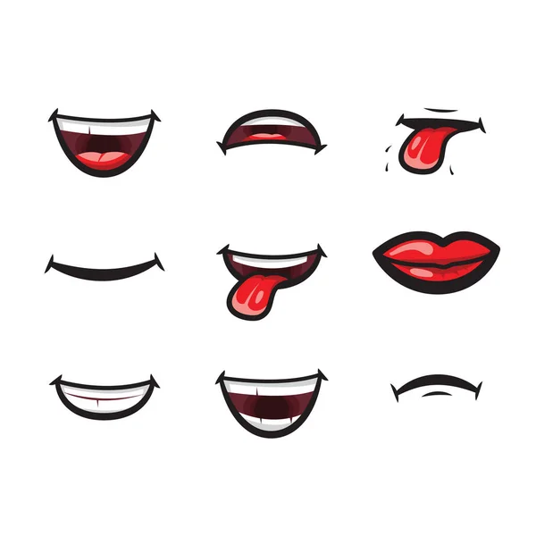 Smiling lips, mouth with tongue, white toothed smile and sad expression mouth and lips vector icon. Lips and mouth expressing different emotions, funny and sad smiles isolated on white background. — Stock Vector