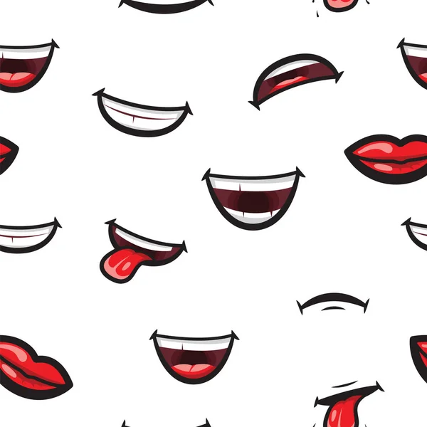 Pattern smiling lips, mouth with tongue, white toothed smile and sad expression. Lips and mouth expressing different emotions, funny and sad smiles on white pattern background — Stock Vector