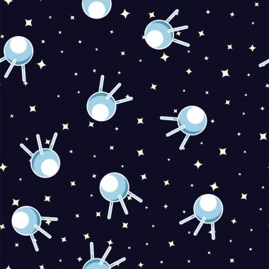 Uzay uydu seyyare yerküre ve yıldız gece evren Dikişsiz desen arka planda. Uçan uydu kozmik uzay koyu mavi zemin üzerine desen.