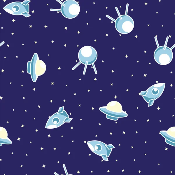 Flying saucer, space rocket and satellite view from cosmos pattern background. Space ship, ufo, rocket and satellite in night cosmos seamless pattern background.