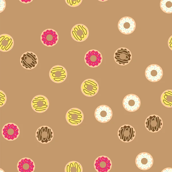 Donuts avec glaçure colorée sur fond de motif. Motif beignets au chocolat et glaçage aux fruits. Modèle de beigne sur fond beige . — Image vectorielle